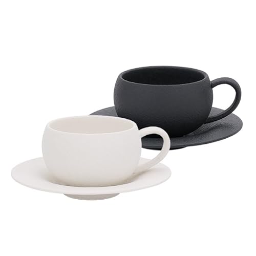 コーヒーカップ&ソーサーセット, 日本製陶器のコーヒー・ラテカップ&ソーサーセット、ティーカップ「ナチュラルカラー」マグカップ、大(約280ml)、白黒、シンプル、軽量、美濃焼、食器洗い機・電子レンジ対応、ギフトに最適, 9×7.2cm, ソーサー付き