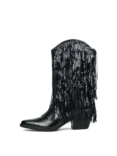 Image of HiColor women's leather-like thick-heeled western pointed booties Black tassels & sequins decorated fashionable boots