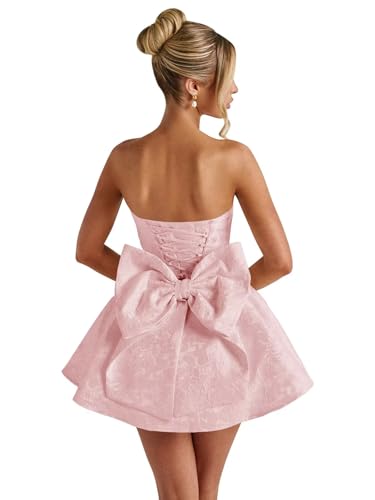 Image of Basgute Floral Jacquard Satin Short Homecoming Dresses for Teens A Line Strapless Formal Prom Evening Gown with Bow