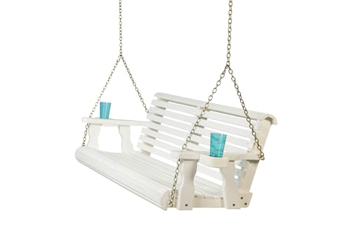 Image of Amish Casual Heavy Duty 700 Lb Capacity Porch Swing with Cup Holders (4 Foot, Semi-Solid White Stain) - Wooden Outdoor Roll Back Swing with Hanging Chains - Amish Made in the USA