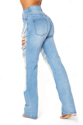 Recious Womens Sexy Ripped Distressed Destroyed Rhinestones Pearls Chain Party Clubwear Denim Pants Jeans2