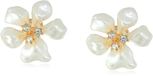 Kenneth Jay Lane Gold Crystal White Pearl Flower Clip-On Earrings