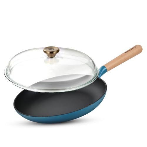 Image of BERGNER Excalibur Lightweight Cast Iron Frypan with Lid 28cm, Sturdy Wooden Handle, Non-Stick Coating, PFAS Free, Perfect Heat Distribution, Elegant Design - Induction Compatible (Blue)
