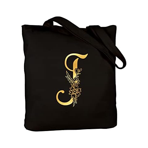 CARAKNOTS Christmas Gifts for Women Canvas Tote Bag Monogrammed Initial Tote Bags with Letter Personalized Gifts for Her Mom Sister Friends Teacher Birthday Beach Black Cotton Bag with Pocket Letter J Cover