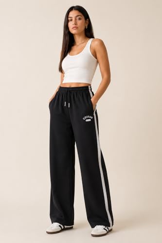 Image of Women's Wide Leg Track Pants | Cotton Blend Relaxed Fit Palazzo Trousers with Elastic Waist & Drawstring | Casual Lounge Wear for Women