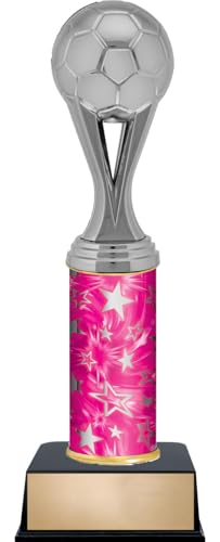 11" Soccer Silver Ball Trophies - Custom Engraved Soccer Pink and Silver Star Column Trophy Awards