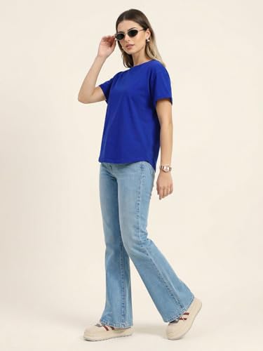 Image of JUNEBERRY Pure 100% Cotton Oversized Loose Fit Drop Shoulder Round Neck Boyfriend Fit Solid Half Sleeves T-Shirt for Women & Girls (Sizes: S to 2XL)