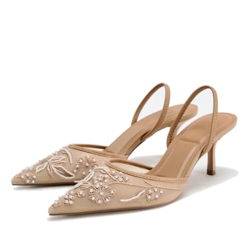 CRETUAO Zapatos de tacón de Aguja con Tira Trasera y Lazo para Mujer, Tacones de Gatito con Cuentas Bordadas de Malla y Punta Puntiaguda, Zapatos de Fiesta Nupcial para Boda,1 Beige,37 EU