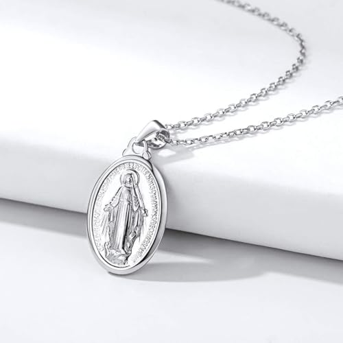 Nofade Silver Personalized Virgin Mary Necklace 925 Sterling Silver Religious Christian Jewelry Oval Medal Coin Pendant Necklace for Women Men(with Gift Box)4
