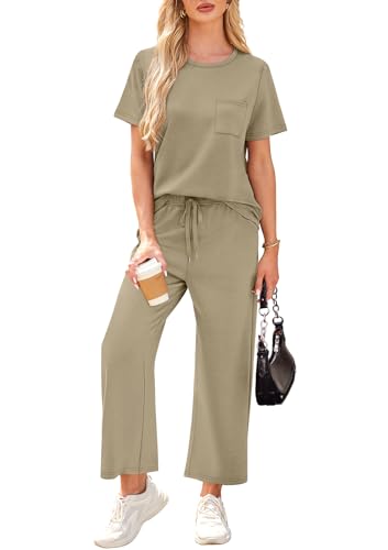 Image of WIHOLL 2 Piece Sets for Women Casual Summer Travel Vacation Outfits Short Sleeve Wide Leg Crop Pants Lounge Sets