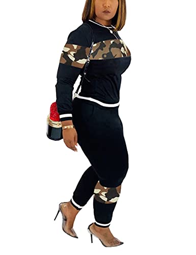 Women's Casual 2 Piece Outfit Camouflage Long Sleeve Pullover Top Bodycon Pants Set Tracksuit Camo-Black Xl #TOP1