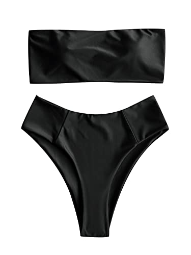 ZAFUL Women's High Cut Bandeau Bikini Set Strapless Solid Color 2 Pieces Bathing Suit Swimsuit