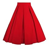 OBBUE Dresstore Vintage Pleated Skirt Floral A-line Printed Midi Skirts with Pockets Red-L
