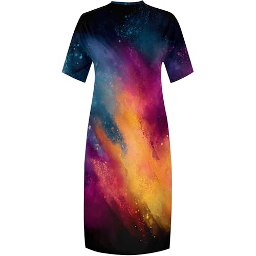 Image of SUZONANA Women Casual T-Shirt Dress V Neck Short Sleeve Solid Color Oversize Dress with Front Two Pockets