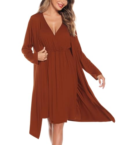 Image of SWOMOG Women Maternity Nursing Gown and Robe Set 3 in 1 Labor Delivery Nursing Nightgown for Breastfeeding Hospital Bathrobe