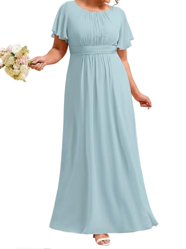 Image of Ever-Pretty Plus Elegant Formal Dresses for Curvy Women Round Neck Short Sleeves Chiffon Bridesmaid Mother of The Bride Dress