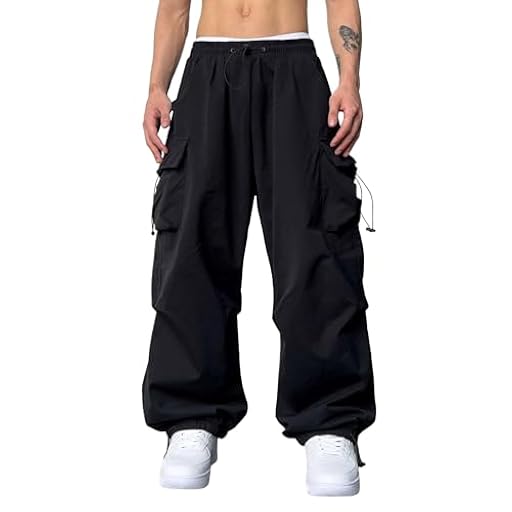 Pantalones cargo para hombre de gran tamaño, pantalones de paracaidismo vintage con goma, pantalones anchos de calle, pantalones casuales de chándal hip-hop para estilo Y2K, O negro., XL | Ya disponible en tu tienda friki favorita! En mundofriki.es!