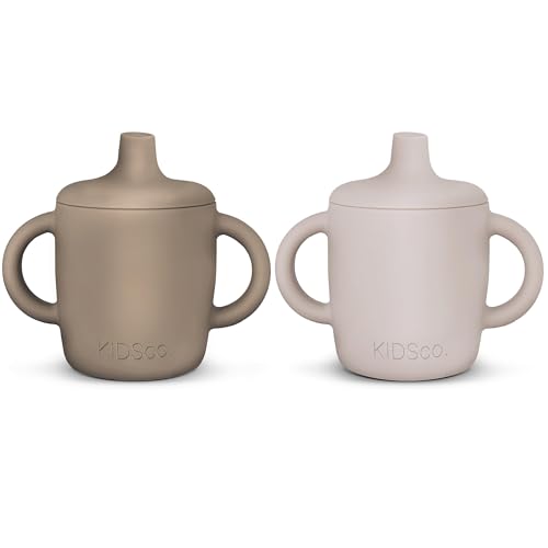 Image of KIDSco. Silicone Sippy Cups with Easy Grip Transition Handles and a Soft Spout. A Non Toxic No Spill Unbreakable Training Cup. 150ml/5oz |2-PACK Oat and Tan|
