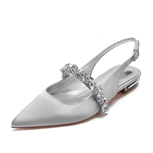 Hyinlays Women's Closed Toe Wedding Flats Slingback Pump Shoes for Bride Satin Crystal Pointed Toe Formal Party Flat Sandals