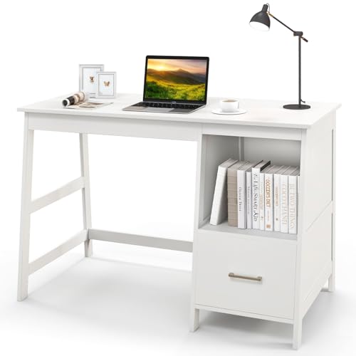 Image of Tangkula White Desk with Drawers, Small Computer Desk Study Writing Desk, Modern Home Office Desk Student Desk with Storage Space, Makeup Vanity Desk for Bedroom (White)