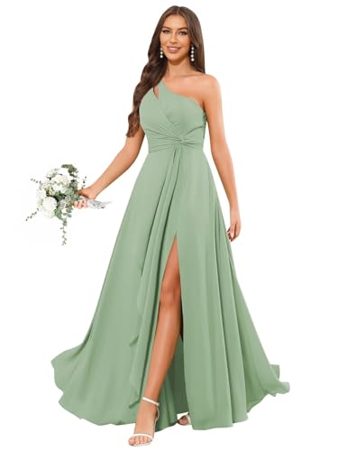 Chiffon One Shoulder Bridesmaid Dresses with Slit Ruffles Wedding Long Formal Evening Dress for Women