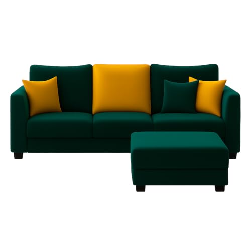 Image of SOCOZI Trevano 4 Seater L Shape Sofa Set with Movable Ottoman | Flexible Left or Right Layout | Soft Velvet Suede Fabric | Modern Design | Plush Comfort Cushions for Living Room (Teal Green-Yellow)