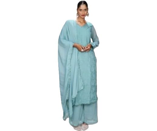 Image of Women's Chikankari Embroidered 3 Piece Suit Set in Faux Georgette - Long Gown Style Kurta with Lining with Dupatta