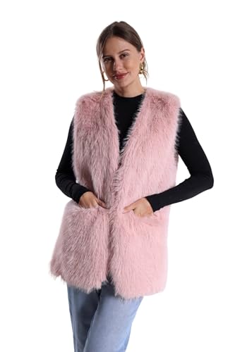 FunnyCos Veste en fausse fourrure de lapin pour femmes - Manteau sans manches avec col en V - Hiver - Doux et chaud avec poches, rose, L Taille tall