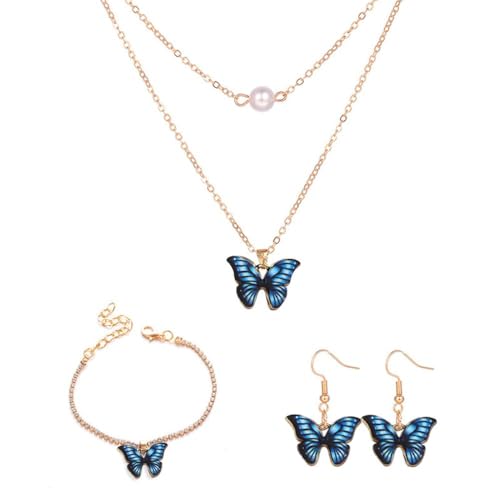 FDEETY 4 Piezas Conjunto Joyas Mariposa Collar Doble Pendientes Pulsera Perla Adorno Elegante Mujer Accesorios Joyería