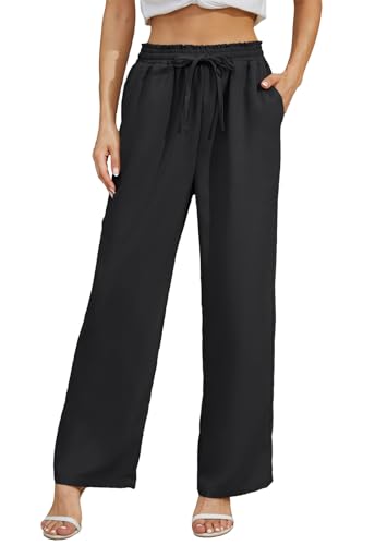 Fourindo Pantalon Fluide Femme Été Pantalon Femme Taille Haute Elastique Pantalon Large Femme avec Poches Kaki Noir Bleu Marine