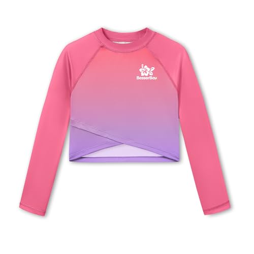 Image of BesserBay Girls Rash Guard UPF 50+ Long Sleeve Mock Neck Crossover Hem Swim Crop Top 4-14 Years