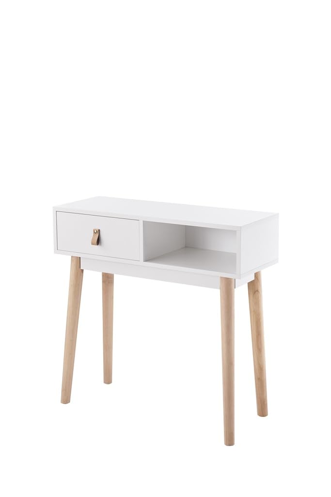 Recibidor Blanco con 1 Cajón y Patas de Madera de Haya – 80x30x60 cm – Consola Moderna de Entrada con Tirador en Símil Cuero