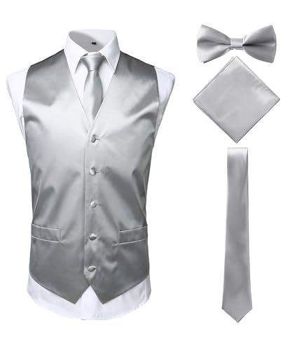 ZEROYAA Men's Solid 4pc Shiny Satin Vest Necktie Bowtie Pocket Square Set for Suit or Tuxedo