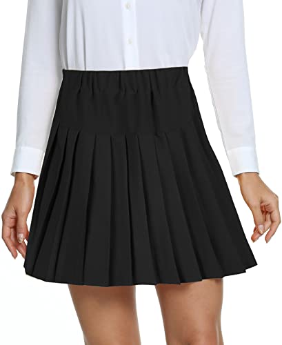 EXCHIC Femmes L'école Style A Ligne Elasticité Taille Haute Mini Plissée Jupe Plaid Ecossaise Kilt avec Pantalons(L, Noir)