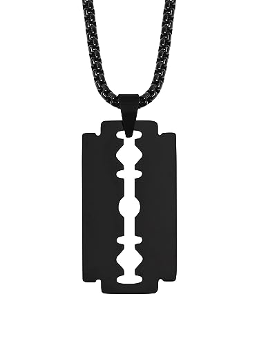 HAQUIL Razor Blade Necklace, Black Plated Stainless Steel Razor Blade Pendant, Box Chain, Gothic Punk Rock Hip Hop Jewelry Gift for Men