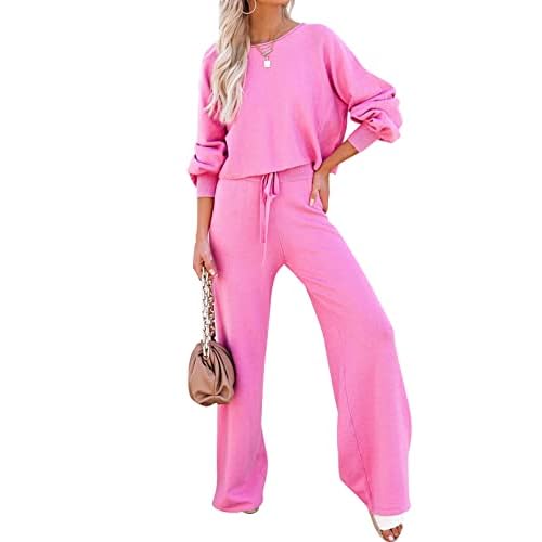 Pink Queen Women's 2 Piece Outfit Sweater Set Long Sleeve Crop Knit Top and Wide Leg Long Pants Sweatsuit Rose Red Medium