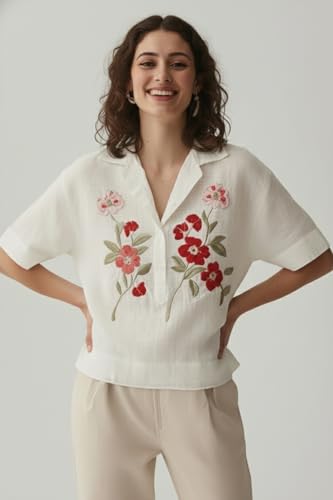 Image of ANNI Designer Women Cream Cotton Embroidered Tops | Floral Thread Work Short Sleeve Shirt | Casual Summer Wear for Office & Daily Use