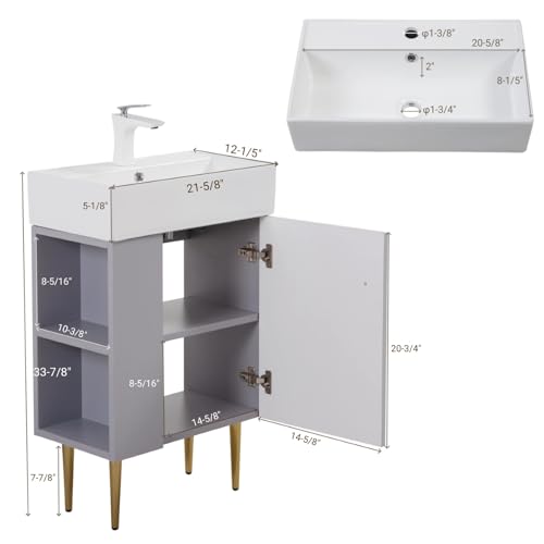 Image of 21.6 inch Freestanding Bathroom Vanity with Ceramic Sink, Matte Gray | Ceramic Sink, Wave-Pattern Door & Two-Layer Left Open Compartment, Bathroom Storage Cabinet, Easy Installation