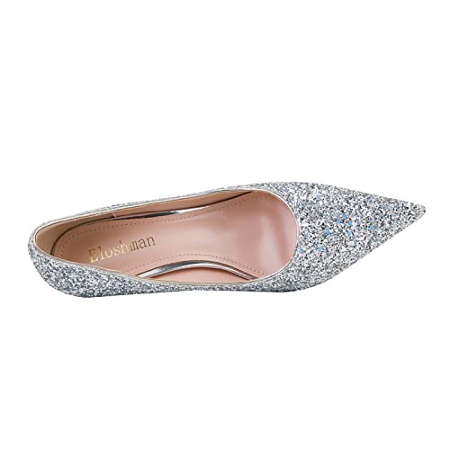 JOEupin Women's Fashion Glitter Sequins Pointed Toe Low Heel Pumps Wedding Dress Office Shoes3