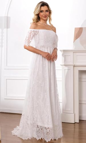 Image of HOYISHION Women's Off The Shoulder Floral Lace Maxi Dress White Bridesmaid Wedding Party Maternity Photoshoot Long Dresses
