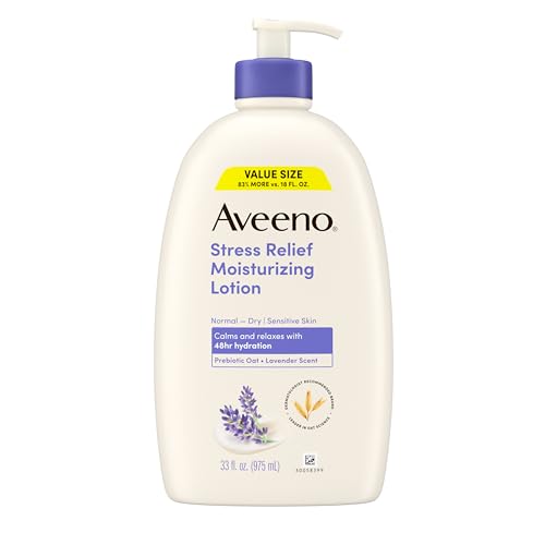 Aveeno Stress Relief Moisturizing Body Lotion with Prebiotic Oat & Lavender Scent for Sensitive Skin, Calms & Relaxes with 48 Hour Hydration, Fast Absorbing & Non-Greasy, 33 fl. oz