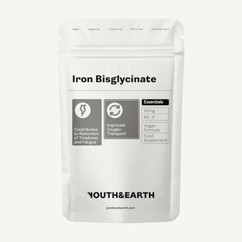 Youth & Earth Bisglicinato de Hierro 25mg x 60 Cápsulas - Soporte para la Anemia - Transporte de Oxígeno Mejorado