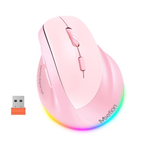 Image of MEETION Ergonomic Wireless Mouse, Bluetooth Vertical Mouse with RGB, Pink | Bluetooth 5.2 /3.0 and USB-A, Comfortable vertical design, 4 adjustable DPI levels for Mac, Windows, Android, PC and tablets