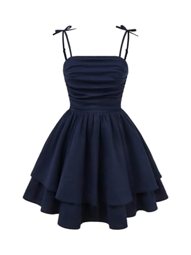 Image of SHENHE Girl's Smocked Ruched A Line Swing Dress Layered Tie Shoulder Flowy Cami Short Dress