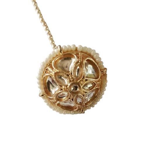 bhumi creation Pearl-Trimmed Gold-Tone Floral Maangtika, Traditional Indian Borla Rakdi, Round Pendant Design-picture-13