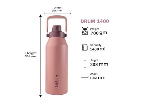 Image of Dubblin Drum Water Bottle 1400 ML | Double Wall Vacuum Insulated Stainless Steel Bottle | Keeps Water Hot & Cold | No Sweat | Leak Proof | BPA Free (Pink)