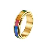 KnBoB 6MM Ring Fidget Spinner, Gold Gayer Regenbogen Ring Edelstahl Fidget Ring für Herren Größe 60 (19.1)