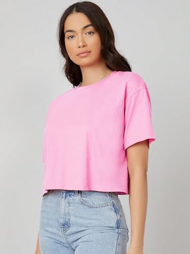Image of KOTTY Women's Solid Cotton Blend Oversized Crop T-Shirt | Casual Summer Tee