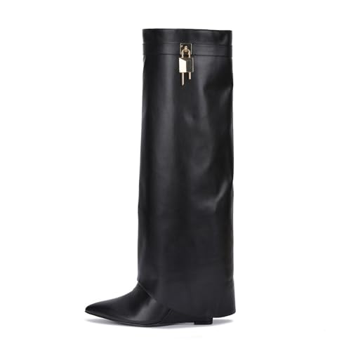 Cape Robbin Womens Knee High Boots Wedge - Shark Boots with Padlock Detail Pointed Toe Fold Over Leather Boots for Women Inner Zip Closure Chunky Heel Boots (Valeri-3) Black Size 6