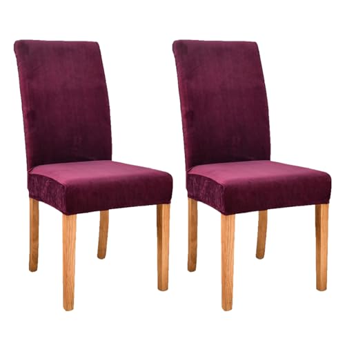Fundas elásticas de terciopelo para sillas de comedor, fundas para cocina, banquete, hotel y decoración del hogar, paquete de 2 fundas de asiento color morado oscuro